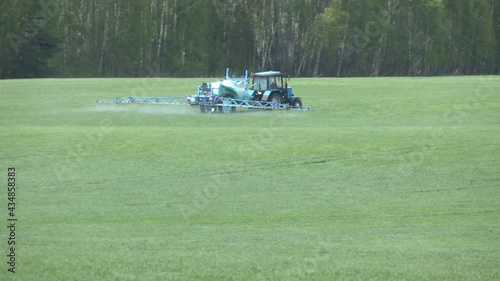 A farmer sprays a field of spring wheat with a tractor and a mamut topline sprayer. A farmer spraying on the spring wheat field with  tractor and a mamut topline sprayer.
 photo