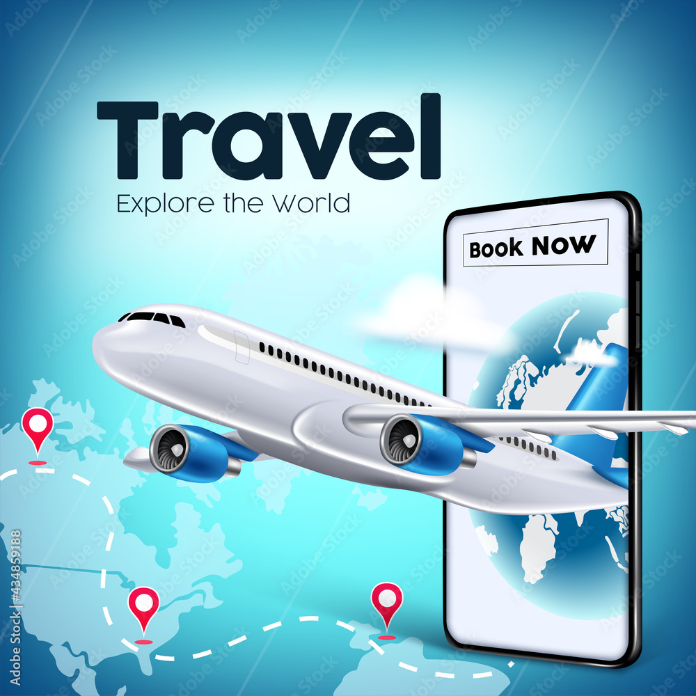 Travel world vector banner design. Travel and book now text in mobile app with airplane transportation element for flight online booking background. Vector illustration
