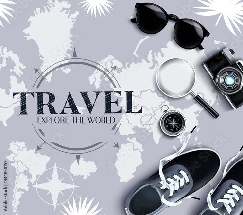 Travel world vector template design. Travel explore the world text in map background with shoes, magnifying glass and compass adventure elements for worldwide trip design. Vector illustration
