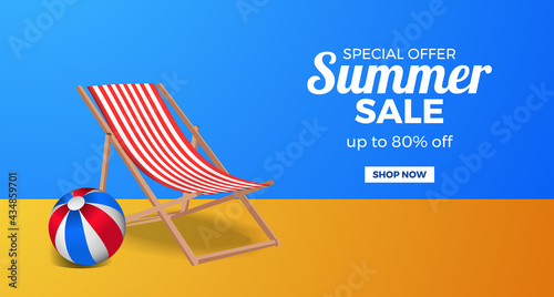 3d illustration chair relax and ball summer sale offer promotion banner
