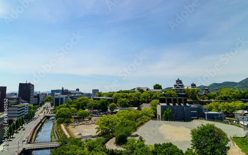 Canvas Print 熊本城付近の坪井川と街並み景色 Tsuboi River and cityscape near Kumamoto Castle (復興工事完了・足場が外れた天守