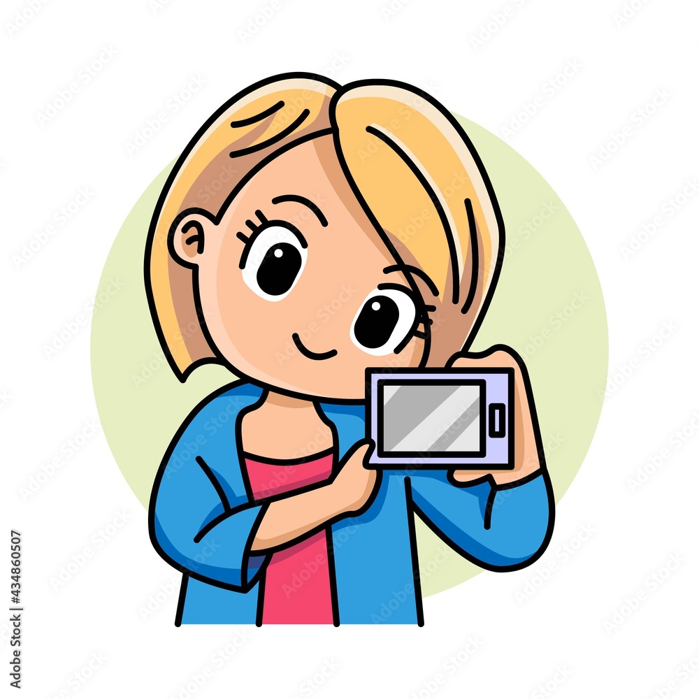 Cute woman holding and showing smartphone cartoon illustration Cute woman holding and showing smartphone cartoon illustration