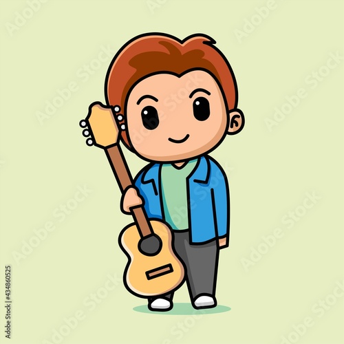 Cute boy holding acoustic guitar cartoon illustration