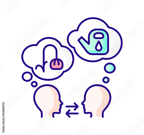 color icon, two heads, one thought has a wilting flower, the other thought has a watering can
