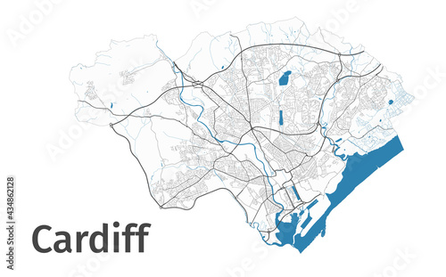 Cardiff map. Detailed map of Cardiff city administrative area. Cityscape panorama.