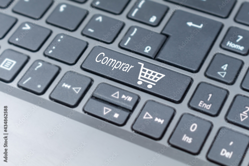 Ícone do carrinho de compras online na tecla do teclado, conceito de e-commerce em português do Brasil Ícone do carrinho de compras online na tecla do teclado, conceito de e-commerce em português do Brasil