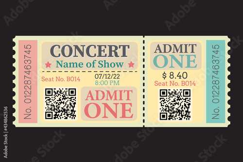Festival ticket template design. Retro style of ticket for entrance. Vector vintage ticket for festival, event, party, cinema, theater, concert, play.