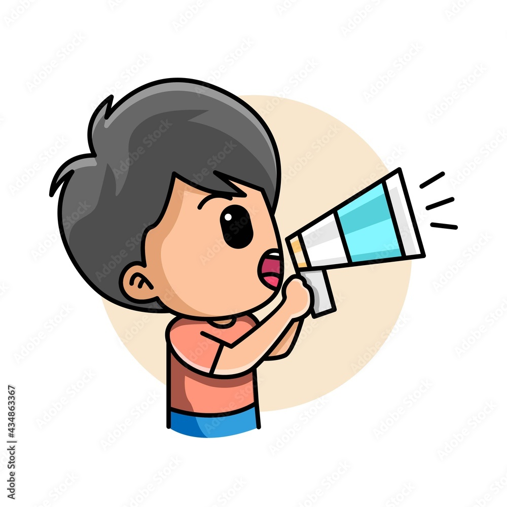 Cute boy holding a megaphone, loudspeaker, shouting, announcing something cartoon illustration