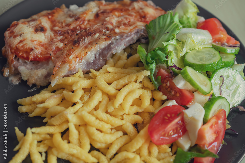 Spaetzle or Spätzle egg noodle pasta with chicken, onions and seasoning. Traditional European cuisine dish (Swabian, German, Austrian, Hungarian). Delicious gluten free Knöpfle bowl. Top view Spaetzle or Spätzle egg noodle pasta with chicken, onions and seasoning. Traditional European cuisine dish (Swabian, German, Austrian, Hungarian). Delicious gluten free Knöpfle bowl. Top view
