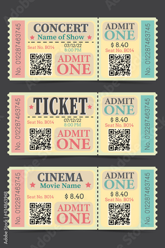 Set Festival ticket template design. Retro style of ticket for entrance. Vector vintage ticket for festival, event, party, cinema, theater, concert, play.