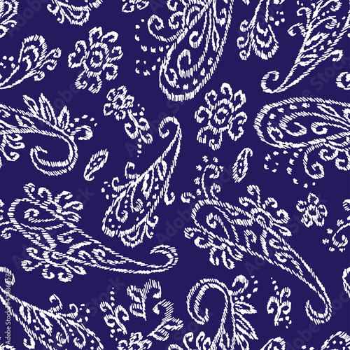 Blue and white paisley seamless pattern. Embroidered Turkish cucumber ornament. Cute print for textiles, summer clothes, dresses. Vector illustration.