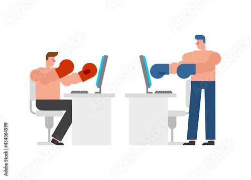 Online fight. Aggressive opponent in Internet. Man in boxing gloves hits screen. Dispute and feud on Internet. concept Online aggressiveness