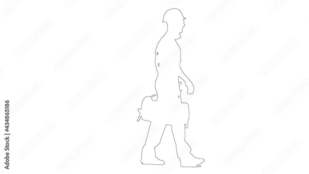 Outline sketch of builder male in helmet with a case for tools is walking on white background Outline sketch of builder male in helmet with a case for tools is walking on white background
