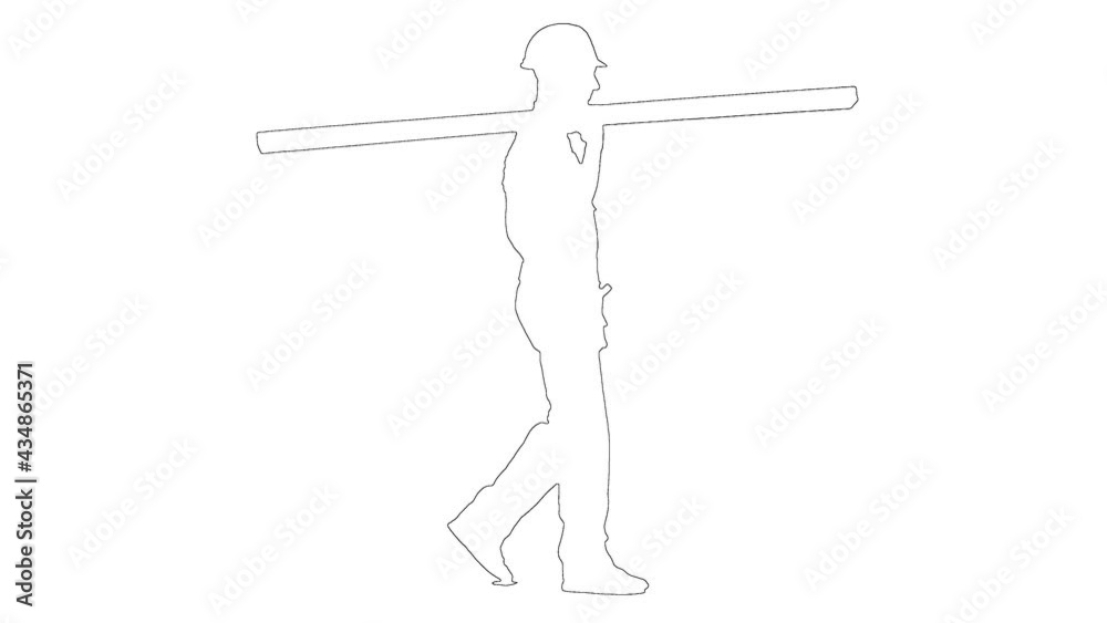 Outline sketch of builder male in helmet with a case for tools is walking on white background Outline sketch of builder male in helmet with a case for tools is walking on white background