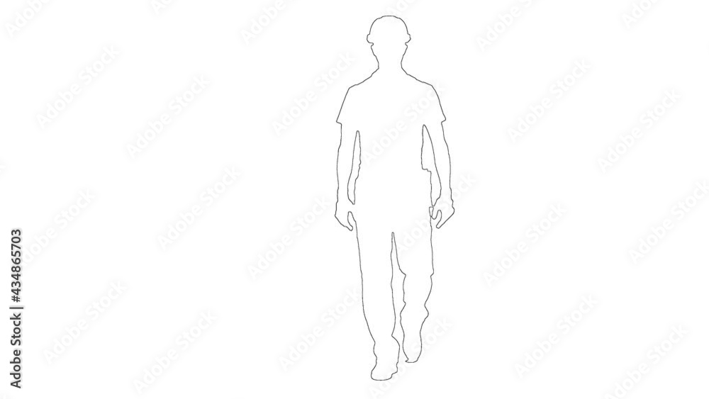 Outline sketch of builder male in helmet is walking on white background Outline sketch of builder male in helmet is walking on white background