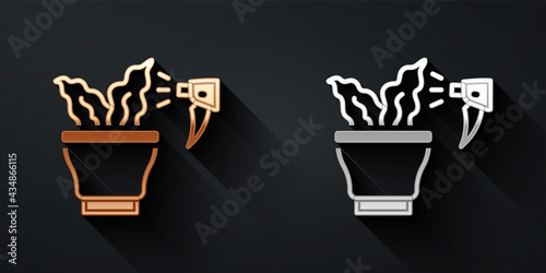 Gold and silver Spraying a house plant with a spray gun icon isolated on black background. Moistening of foliage. Care for home flowers. Long shadow style. Vector