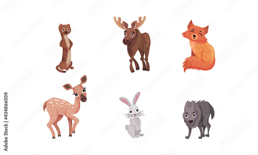 Naklejka premium Forest Animals with Fox and Elk Vector Set