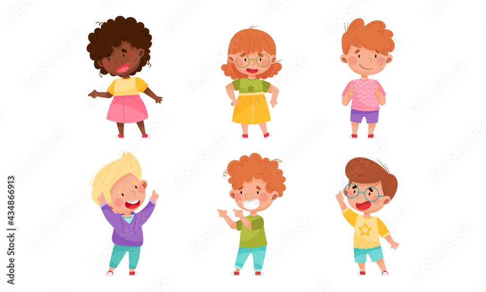 Kid Characters Pointing at Something with Their First Finger Vector Illustration Set Kid Characters Pointing at Something with Their First Finger Vector Illustration Set