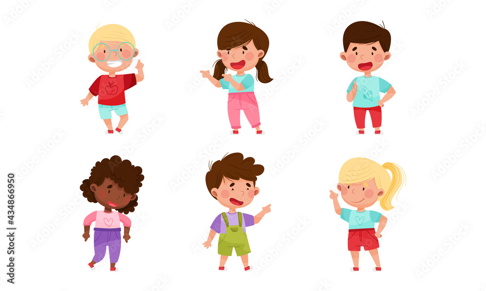 Kid Characters Pointing at Something with Their First Finger Vector Illustration Set