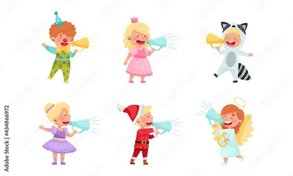 Kid Characters Wearing Fancy Dress or Costume Talking Megaphone or Loudspeaker Vector Illustration Set