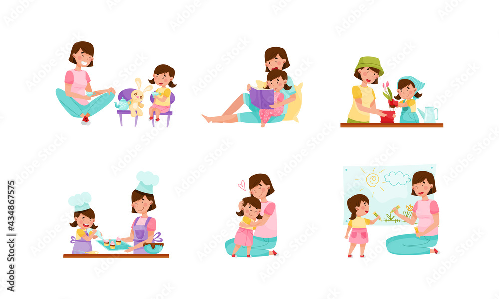 Mom and Daughter Reading Book, Baking Cupcakes, Hugging and Drawing Vector Illustration Set Mom and Daughter Reading Book, Baking Cupcakes, Hugging and Drawing Vector Illustration Set