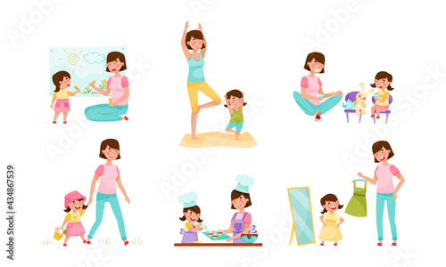 Mom and Daughter Doing Yoga, Baking, Drawing and Walking Vector Illustration Set