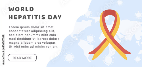 Concept of hepatitis A, B, C, D, cirrhosis, world hepatitis day. Web Horizontal Banner Template with world map, virus and colored red and yellow ribbon. Medical poster for Viral Hepatitis. Vector. 
