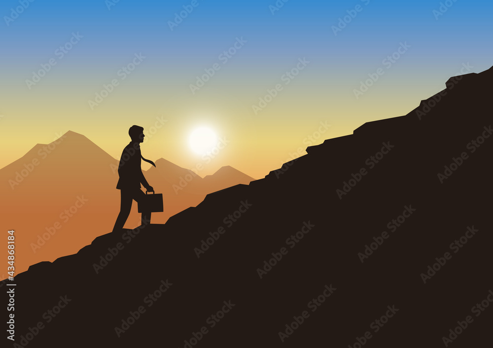 Silhouette businessman climbing up to the top of mountain, Evening sky background, Achievement leadership, Business concept growth and the path to success, Flat design vector illustration Silhouette businessman climbing up to the top of mountain, Evening sky background, Achievement leadership, Business concept growth and the path to success, Flat design vector illustration