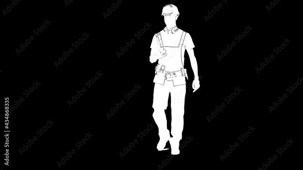 Outline white sketch of builder male in helmet with a hammer in hand is walking on black background. Front view Outline white sketch of builder male in helmet with a hammer in hand is walking on black background. Front view