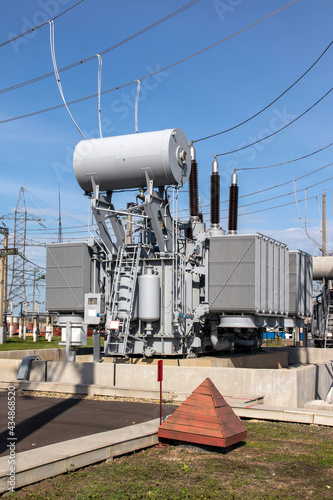 Powerful power transformer for industrial high voltage substation. Energy enterprise.