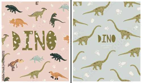 Set of cute vector posters with funny flat dinosaurs in cartoon style. Illustration for children's encyclopedias and materials about dinosaurs. Ancient animals. Dinosaurs on pink and blue backgrounds.