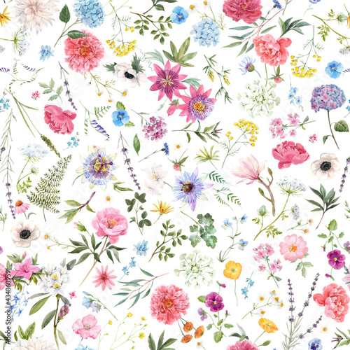 Beautiful vector seamless floral pattern with watercolor hand drawn gentle summer flowers. Stock illustration. Natural artwork.
