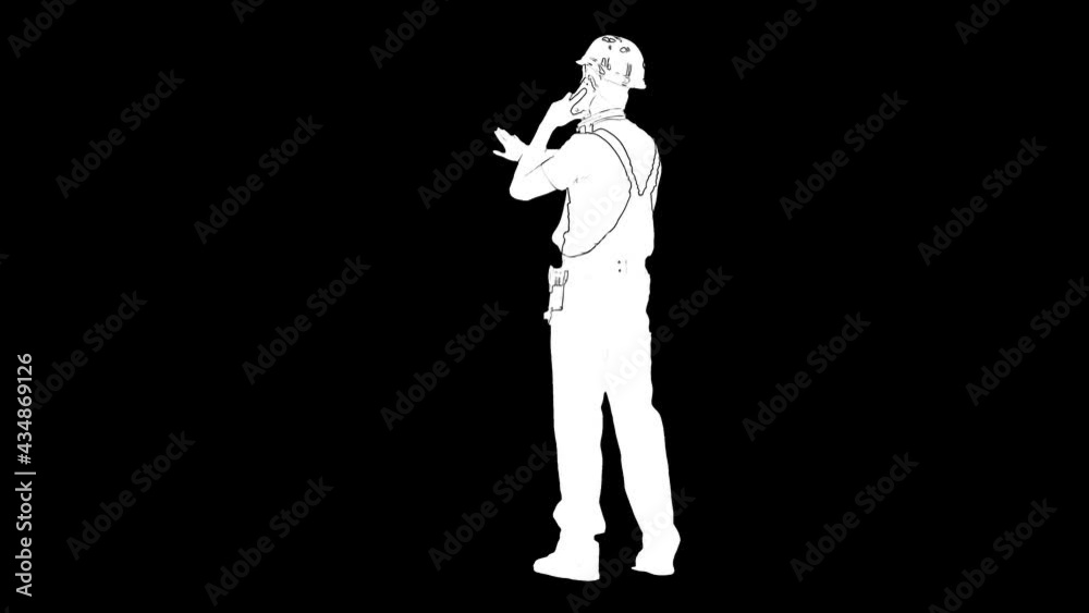 Outline white sketch of builder male in helmet talking and explaining on the mobile phone on black background. Back view Outline white sketch of builder male in helmet talking and explaining on the mobile phone on black background. Back view