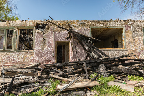 Ruins of a burnt down old residential building