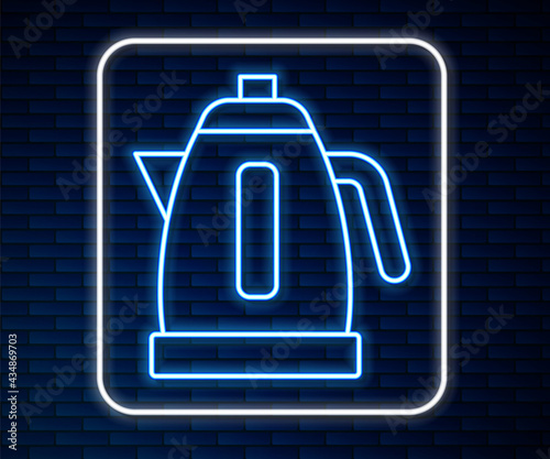 Glowing neon line Electric kettle icon isolated on brick wall background. Teapot icon. Vector
