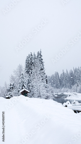 Tiny Wood House in Snow Mountains © josephine