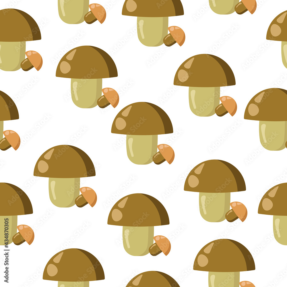 Mushrooms seamless pattern in cartoon style, cap mushrooms on a white background