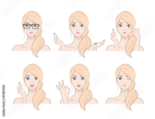 Set of images of a blonde girl changes glasses to colored contact lenses