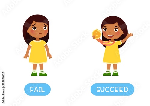 Fail and succeed antonyms word card, Opposites concept. Flashcard for English language learning. Lucky winner - Indian little girl with the medal and the dark skin sad little girl lost..