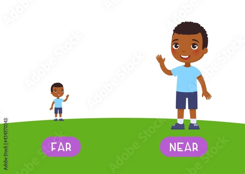 Far and near antonyms word card, Opposites concept. Flashcard for English language learning. Little African boy stands far on the horizon,  dark skin child is close