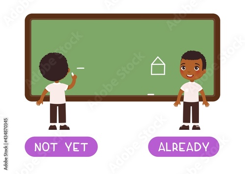 NOT YET and ALREADY antonyms word card, Opposites concept. Flashcard for English language learning.  African schoolboy started drawing picture, dark skin boy finished drawing house on chalkboard