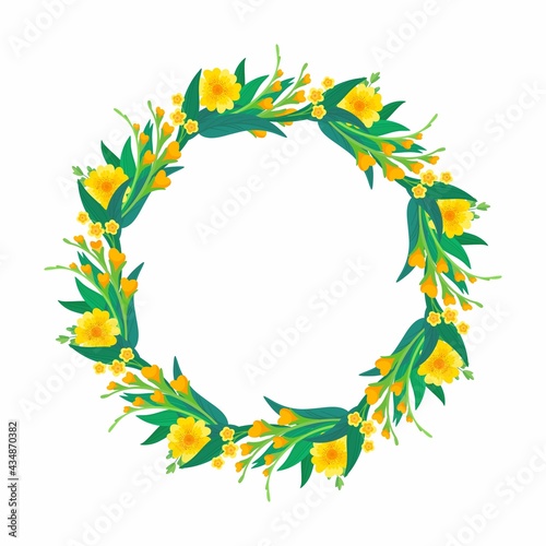 Yellow floral blank border for social media post, greeting card design.  Round empty frame with spring yellow flowers and green leaves. 