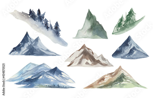 Aquarelle set of highlands of snow-capped mountain ranges, rocks and slopes covered with conifers. For design compositions on a theme of hiking and climbing the mountains. purity of nature, clear air
