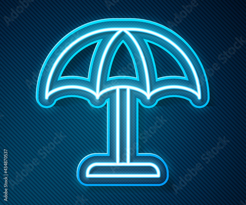 Glowing neon line Sun protective umbrella for beach icon isolated on blue background. Large parasol for outdoor space. Beach umbrella. Vector