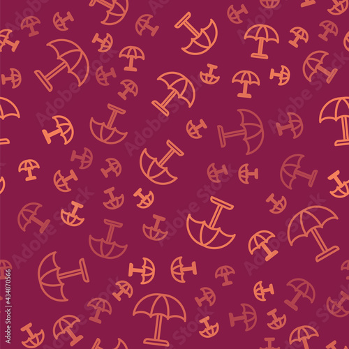 Brown line Sun protective umbrella for beach icon isolated seamless pattern on red background. Large parasol for outdoor space. Beach umbrella. Vector