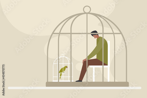 Conceptual illustration of a man sitting inside a cage looking at a caged bird