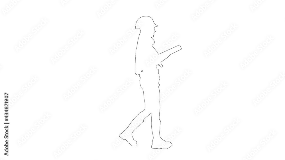 Outline sketch of slim woman in construction helmet is walking with drawing in her hands on white background. Side view Outline sketch of slim woman in construction helmet is walking with drawing in her hands on white background. Side view