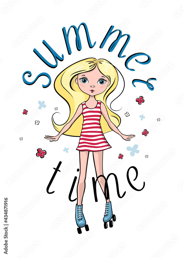 Cute Blonde girl is rollerblading. Summer time. Clip Art. Cartoon design for printing t-shirts, badges, logos, labels or stickers. Vector illustration.