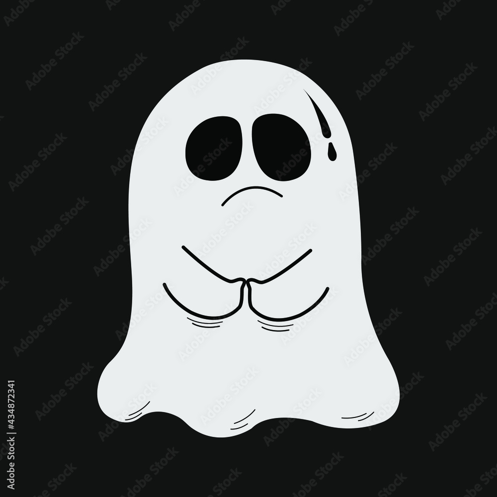 The white ghost cartoon image is shocking isolated on black background. The white ghost cartoon image is shocking isolated on black background.