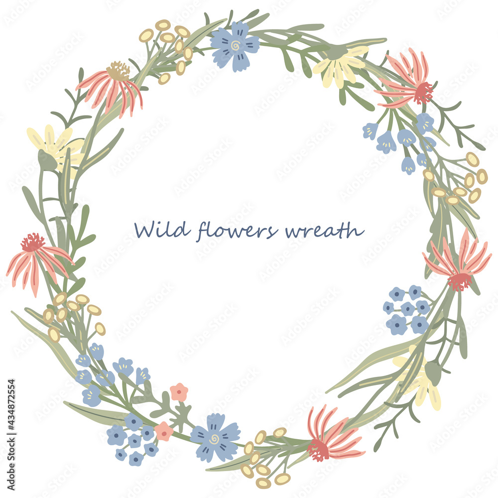 Herbal  round frame or wreath decorated with wild or meadow flowers.  Summer floral design. Great for greeting card, posters, blog decorating. Hand drawn vector illustration isolated on white.